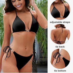 Evolyline Black Bikini‎ Swimsuit with Silver Accents Tie Side Cheeky Bottoms - S
